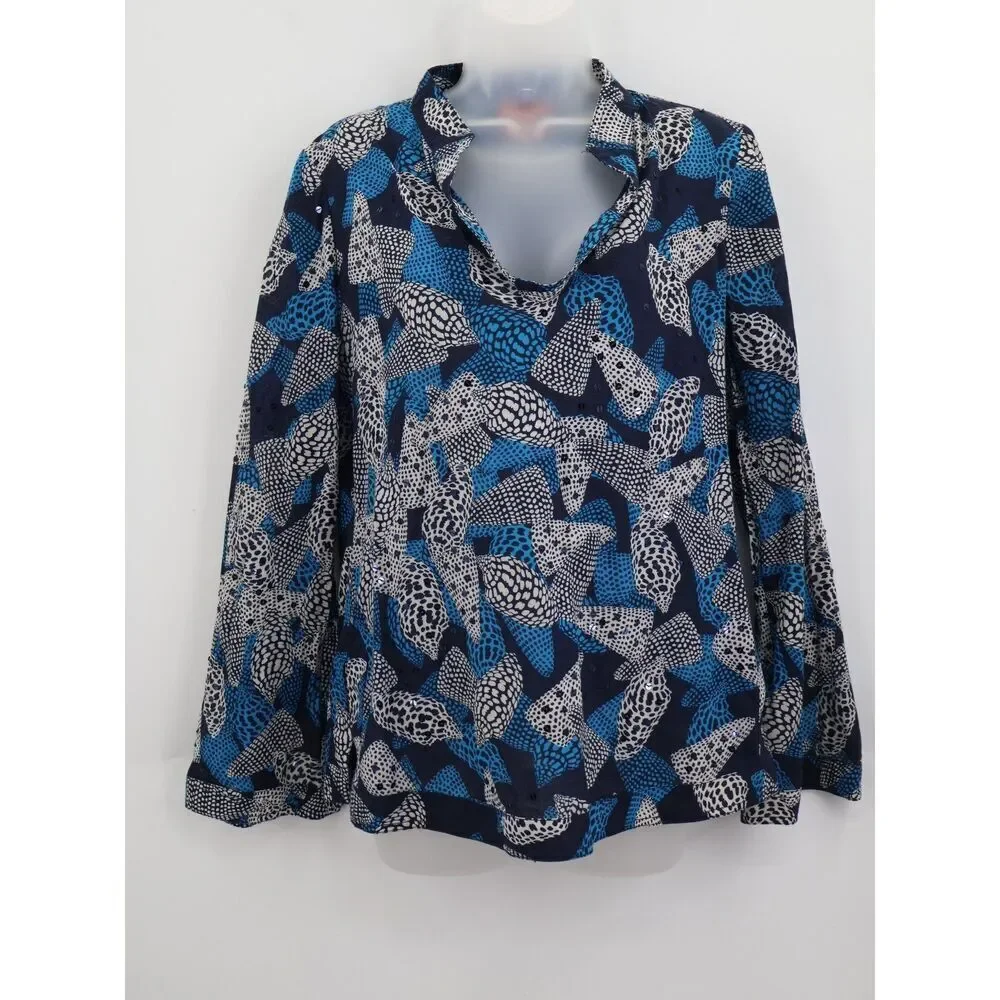 Tory Burch Stephanie Blue Sea Shell Sequins Detail Tunic Top Size 6